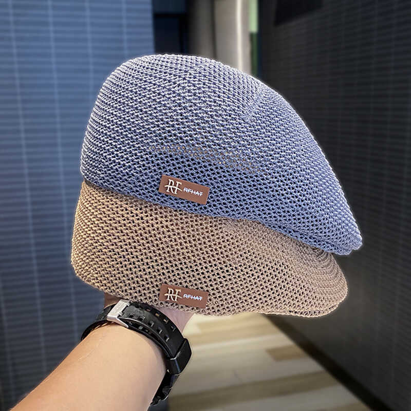 韩系潮酷小皮标镂空前进帽子男女同款时尚甜妹贝雷帽显脸小画家帽 - 图0