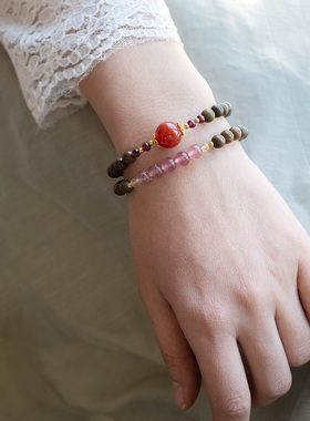 檀烟绛|绿檀木手串红玛瑙多层双叠戴手链新中式百搭喜木火五行