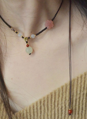 手工编织短款锁骨链项链岫玉莲花