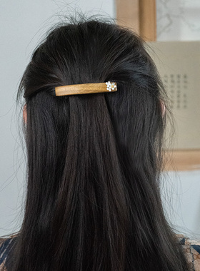 暮云秋影|绿檀木发卡发夹发饰手工925银新中式简约木质弹簧一字夹
