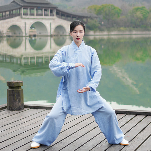 2023新款斜领绑袖太极服女男春夏季亚麻棉太极拳练功服武术表演服 - 图2