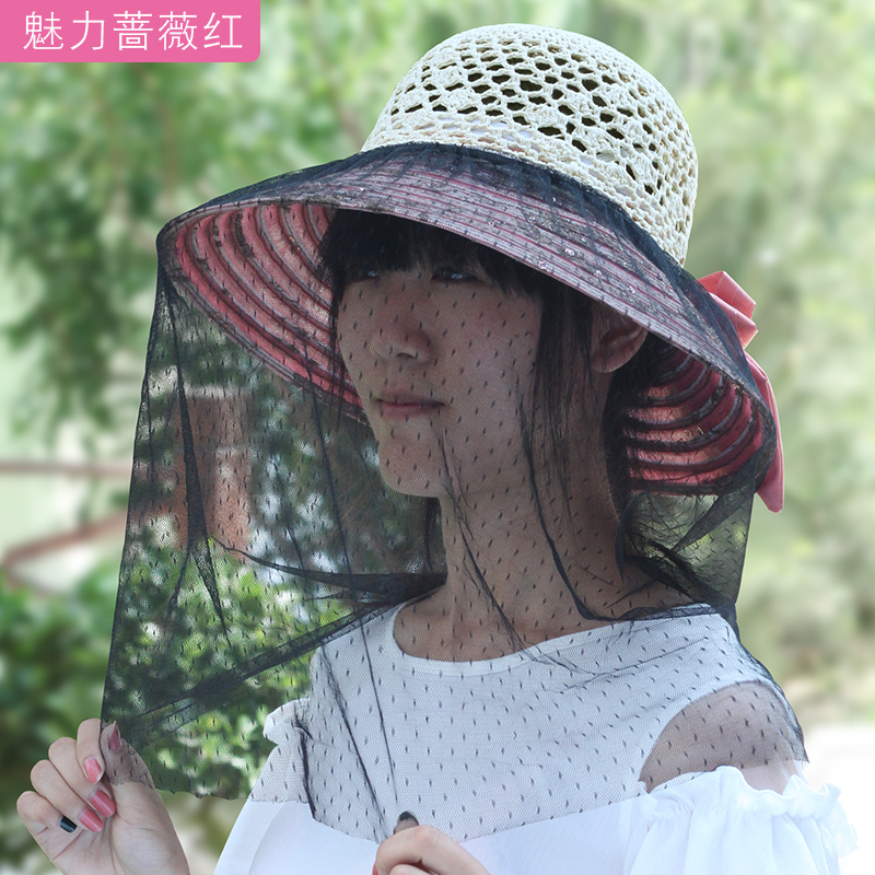 女面纱防蚊帽子透气遮脸带面纱的帽子夏天女士防晒太阳帽折叠两用