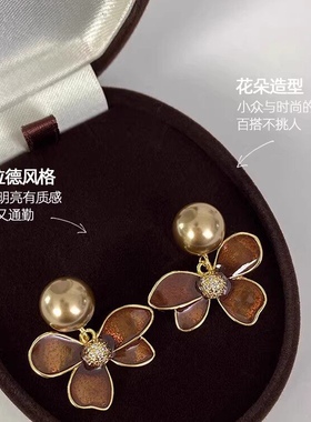 小众法式美拉德花朵耳夹高级感