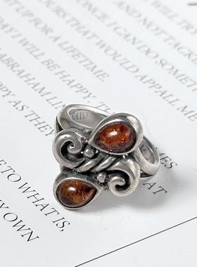 中古首饰复古纯银琥珀戒指