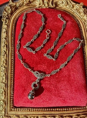 美国ArtDeco时期宝石马克赛工艺925纯银项链圆珠吊坠中古首饰古着