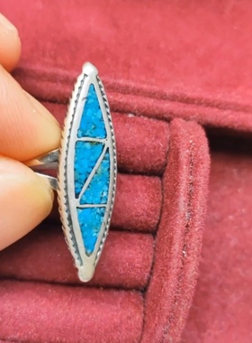 墨西哥印第安老作坊手工马赛克绿松石拼接老纯银戒指中古首饰古着