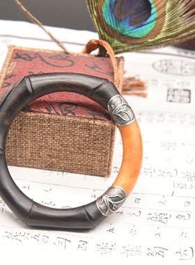 多节黑檀木雕刻竹节手镯紫竹根制品纯银实心玉竹手工小众情侣男女