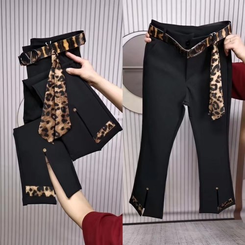 夏季新款撞色弹力微喇裤女高腰显瘦飘带豹纹喇叭裤简约通勤九分裤 - 图3