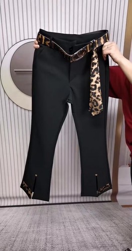 夏季新款撞色弹力微喇裤女高腰显瘦飘带豹纹喇叭裤简约通勤九分裤 - 图0