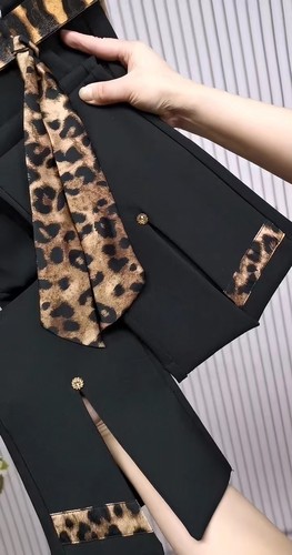 夏季新款撞色弹力微喇裤女高腰显瘦飘带豹纹喇叭裤简约通勤九分裤 - 图1