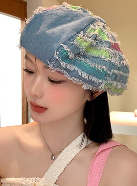 韩版ins蓝色贴布水洗做旧贝雷帽女日系百搭网红显脸小八角帽潮