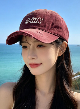 美式破洞街头嘻哈帽子女复古姜黄色棒球帽宽帽檐显脸小潮牌鸭舌帽
