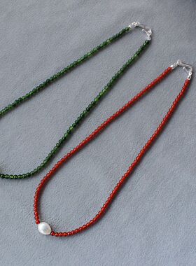 SOP*家红玛瑙淡水珍珠项链新年简约冷清风百搭单颗淡水珍珠锁骨链