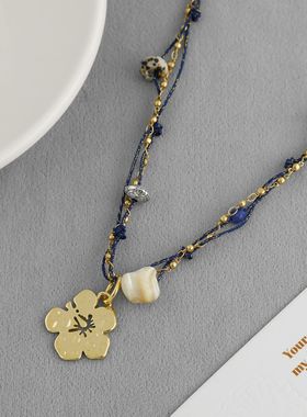 LAZY家扶桑花小岛系列项链新中式民族度假风手工编绳扶桑花锁骨链