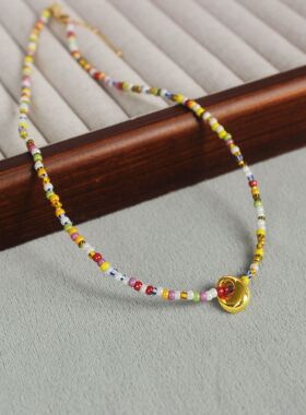 25年新款彩色串珠项链夏季小清新波西米亚风小众多巴胺串珠锁骨链