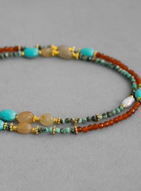 夏季敦煌红绿色串珠项链新中式小众简约清新可拆卸多戴串珠锁骨链