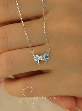 冰蓝梦蝶925纯银镀金蝴蝶结项链