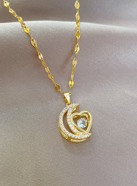 女月亮爱心微镶锆石项链