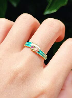 【花开见喜】紫绿彩釉繁花开口戒指 新中式戒指 6058