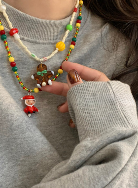 圣诞树老人卡通陶瓷姜饼人项链爱心串珠圣诞袜礼物叠戴锁骨毛衣链