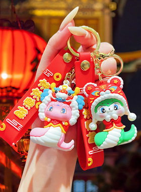广东醒狮狮头钥匙扣挂件公仔国潮新年喜庆流苏挂饰马年小礼品