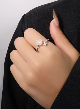 锆石山茶花戒指法式甜美小花开口戒子INS小众炫彩白玫瑰食指指环