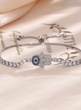 法蒂玛之手恶魔之眼手链个性微镶满钻土耳其蓝眼睛手掌手环潮