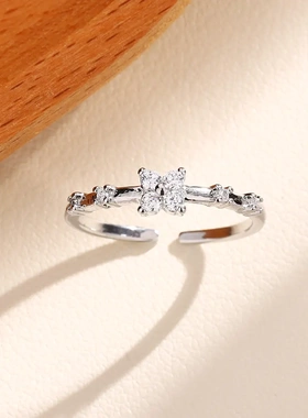 超闪幸运四叶草戒指冷淡风锆石细圈指环小清新森系花朵镶钻食指戒