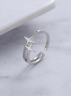 宁宁 双子星开口戒指可调节女嘻哈个性锆石星星食指指环网红ins