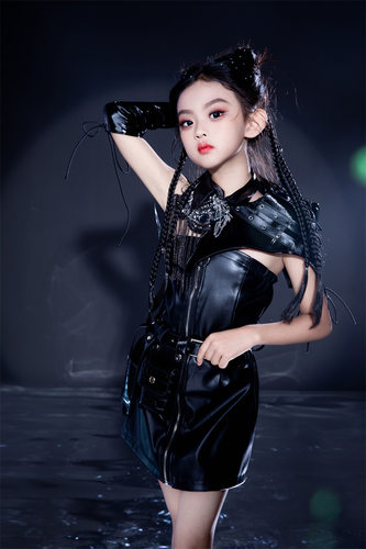 女童黑色皮裙坎肩机车服儿童套装8潮帅吃鸡战服6皮衣走秀服夏7 - 图2