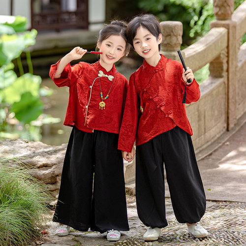 儿童冬季汉服红色元旦表演服拜年服古风唐装国风男女童新中式套装 - 图0