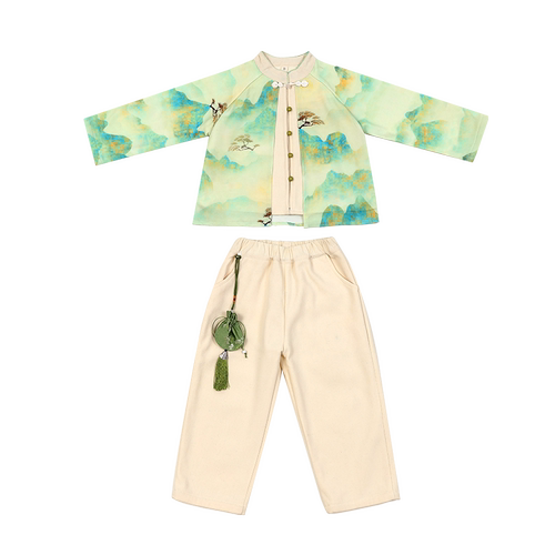 儿童汉服新中式国风中国风男女童山水民族古筝表演出服饰唐装套装 - 图3