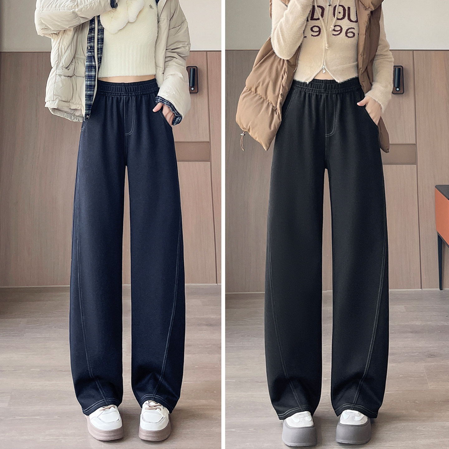 丹宁蓝新款弯刀阔腿牛仔裤女士大码裤子松紧腰弹力宽松直筒裤秋季,淘宝优惠券,粉丝福利购,淘宝优惠卷