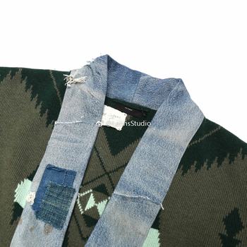 Greg Lauren 18aw ຍີ່ຫໍ້ co-branded pure cashmere jacquard splicing military cloth patch robe