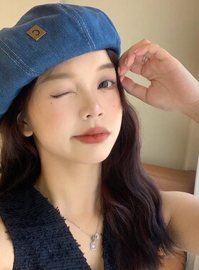 牛仔贝雷帽子女春夏季薄款大头围八角帽日系网红画家帽云朵报童帽