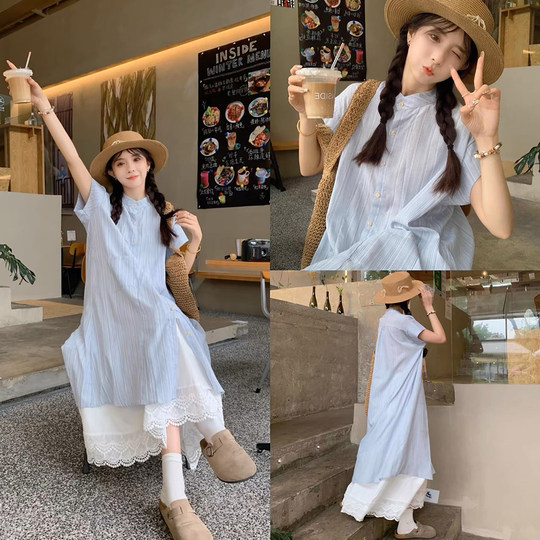 度假亲子装一家三口儿童短袖衬衫慵懒风夏季两件套连衣裙家庭装