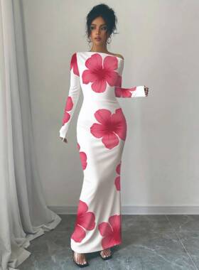 Women's Floral Print Asymmetrical Neck Dress, Elegant Long