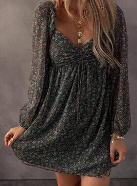 Women's Fashion Trend Floral Print Sweetheart Neck Shirred