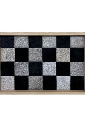 原创设计黑灰马毛棋盘格托盘木质竹子轻奢新款香薰托盘ins收纳盘