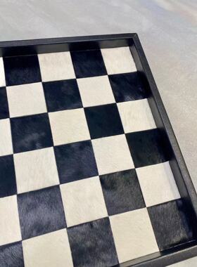 马毛棋盘格手工拼接中古风原创门柜装饰家居用品时尚气质摆件