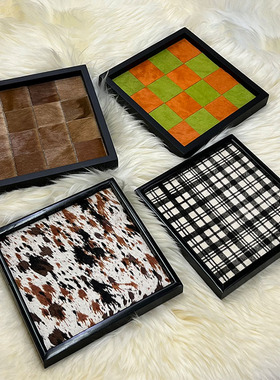马毛棋盘格托盘彩色配色玄关收纳盘真皮样板房家居摆件高品质