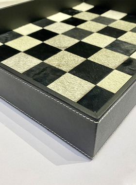 马毛棋盘格托盘黑白灰手工拼接现代中古酒店样板间摆件客厅家用
