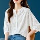 Lace embroidered V-neck white loose mid-sleeve shirt for women