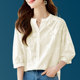 Lace embroidered V-neck white loose mid-sleeve shirt for women