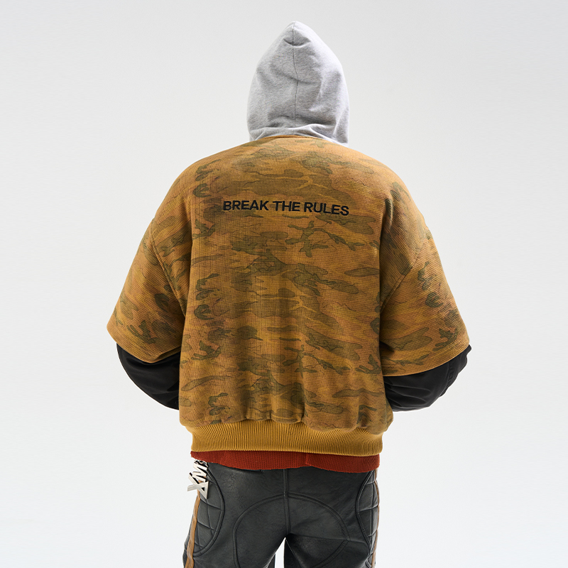 EXITMODE BY BLINDNOPLAN 25AW 假两件毛边拼接迷彩ma1棉服外套 - 图3