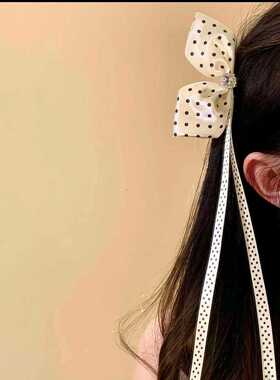 波点蝴蝶结飘带发夹女高级感公主头侧边抓夹马尾两侧对夹发卡头饰