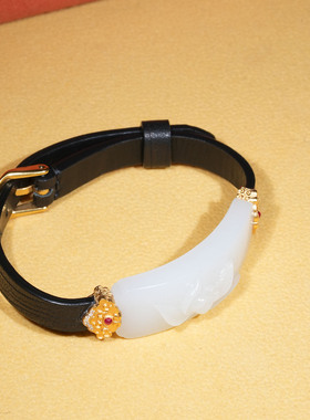 18k金镶嵌新疆和田白玉荷花手牌皮带款男女手饰