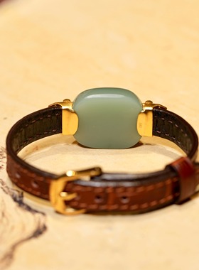 天然俄罗斯碧玉粉青表带款18k金镶嵌男女款手牌手链手饰