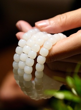 新品新疆和田白玉纯手工制作打磨桶珠7×8直切单圈男女款手串