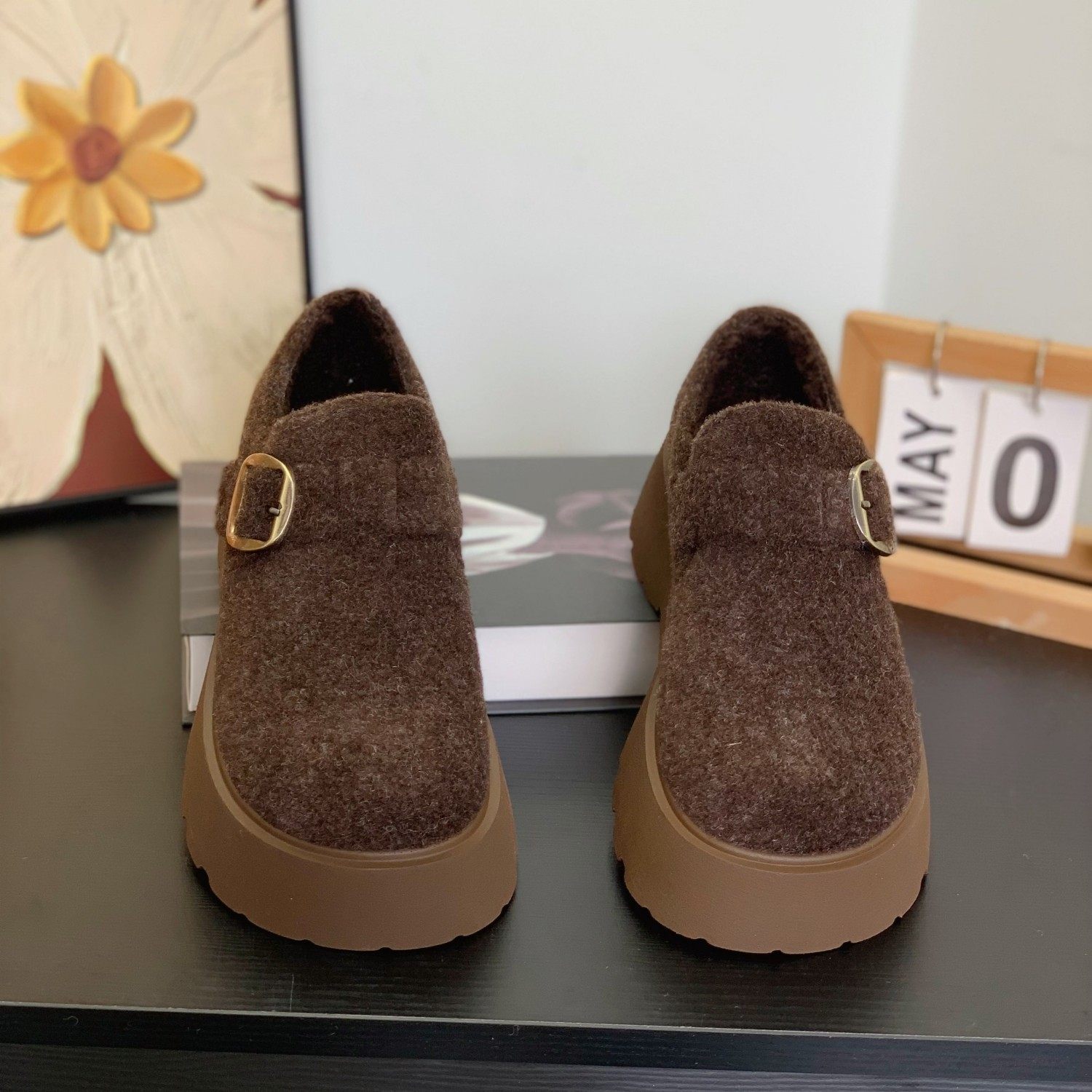 复古灰色毛呢绒面勃肯鞋2025冬季加绒魔术贴小个子女松糕厚底棉鞋,淘宝优惠券,粉丝福利购,淘宝优惠卷